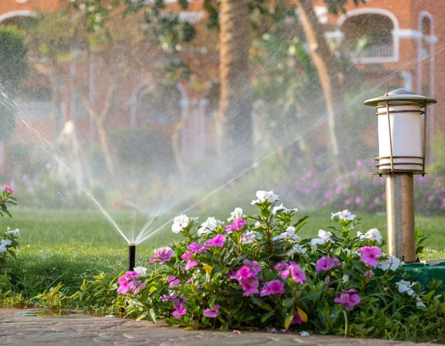 Yard irrigation system sprinkler heads watering the lawn and flower beds